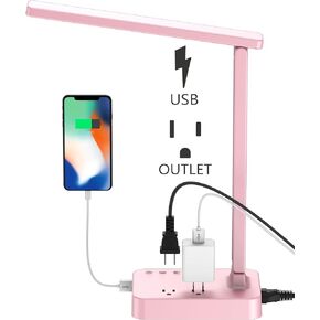 LED Desk Lamp, Desk Light with 1 USB Charging Port and 2 AC Power Outlet, 3 Lighting Modes, 3 Level Brightness,1H Timer, Touch Control, Eye-Caring Home Office Foldable Table Lamp (Black)