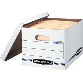 BANKERS BOX 4 Pack STOR/FILE Basic Duty File Storage Boxes, Standard Assembly, Lift-off Lid, Letter/Legal, White/Blue