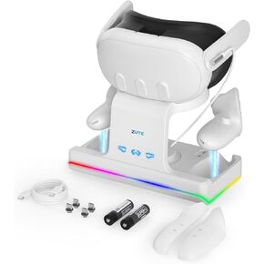 Charging Dock for Meta/Oculus Quest 3- Magnetic Docking Station with LED Light - Headset Display Stand and Controller Mount, 2 * 1800Mah Rechargeable Batteries [Support Elite Strap with Battery]