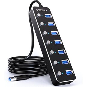 USB Hub,VKUSRA 7 Port USB Hub 3.0 with 4ft USB Long Cable Multiple Port,Individual USB On/Off Switch and LED Indicator,USB Splitter for Laptop & PC