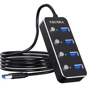 USB Hub,VKUSRA 7 Port USB Hub 3.0 with 4ft USB Long Cable Multiple Port,Individual USB On/Off Switch and LED Indicator,USB Splitter for Laptop & PC