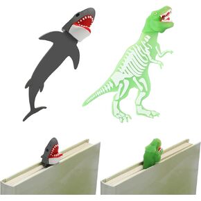 2 Pieces Shark Bookmark for Kids Boys Dinosaur Bookmark Giant Cool Childrens 3D Bookmarks Luminous 3D Cartoon Animal Bookmark, School Supplies (Dinosaur and Shark Style)