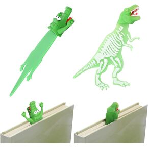 2 Pieces Shark Bookmark for Kids Boys Dinosaur Bookmark Giant Cool Childrens 3D Bookmarks Luminous 3D Cartoon Animal Bookmark, School Supplies (Dinosaur and Shark Style)