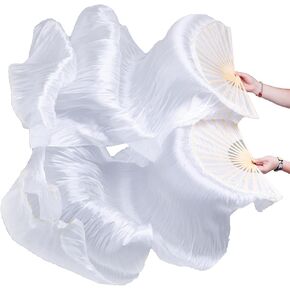 Women 1 Pair Hand-Made Silk Long Belly Dance Fan Veils White Color