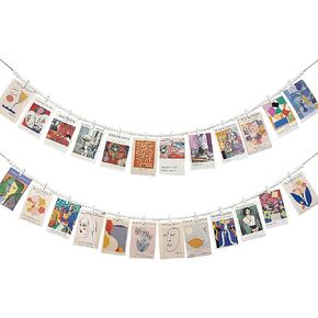2pcs Hanging Photo Display with 12 Wood Clips, Wooden Bead Garland, Boho Collage Photo Picture for Classroom, Bedroom, Office Wall Decor