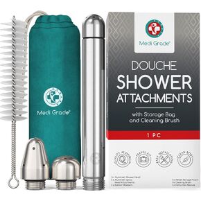 Shower System Enema Kit - [8pc] Aluminum for Intimate Cleansing by Medi Grade - Unisex Enema Shower Attachment – Shower Enema with Velvet Storage Bag, Cleaning Brush & Cloth - Intimate Hygiene Kit
