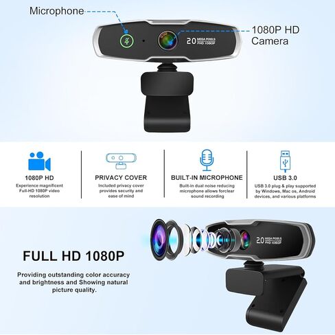 كاميرا ويب C6300 1080P مع ميكروفون وغطاء للخصوصية - كاميرا كمبيوتر USB بعرض 90 درجة للمكالمات والمؤتمرات والتكبير والتصغير والسكايب واليوتيوب - التوصيل والتشغيل لأجهزة الكمبيوتر المحمول وسطح المكتب in Kuwait