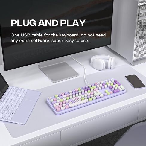 Wired Keyboard, 104 Keys Full-Sized Typewriter Keyboards, USB Office Keyboard with Number Pad, Caps Indicators, Foldable Stands for Windows, PC, Laptop, Desktop (Purple Colorful) in Saudi Arabia