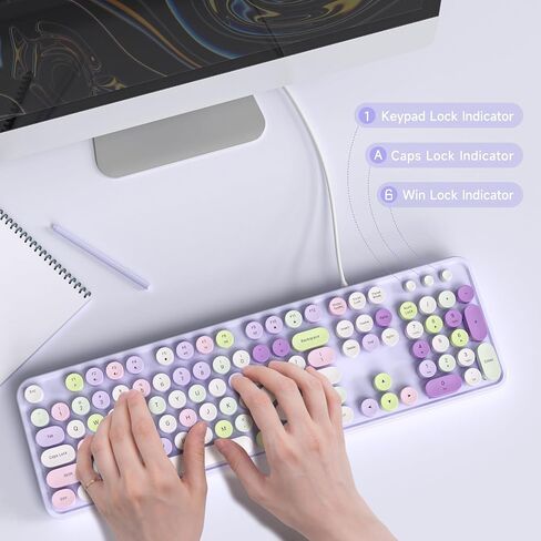 Wired Keyboard, 104 Keys Full-Sized Typewriter Keyboards, USB Office Keyboard with Number Pad, Caps Indicators, Foldable Stands for Windows, PC, Laptop, Desktop (Purple Colorful) in Saudi Arabia