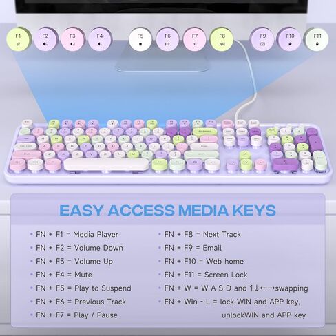 Wired Keyboard, 104 Keys Full-Sized Typewriter Keyboards, USB Office Keyboard with Number Pad, Caps Indicators, Foldable Stands for Windows, PC, Laptop, Desktop (Purple Colorful) in Saudi Arabia