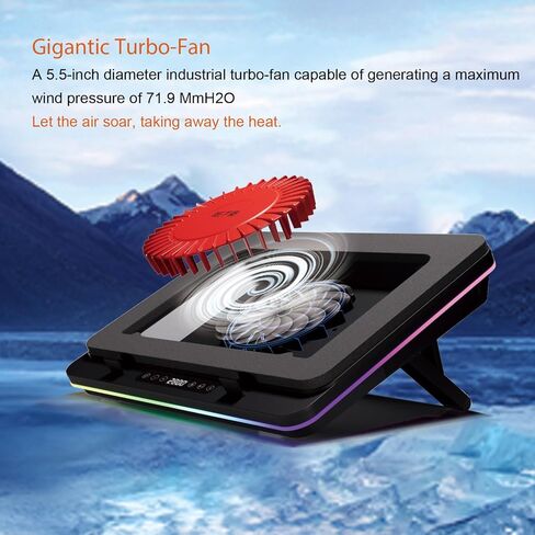 لوحة تبريد للكمبيوتر المحمول GT600 RGB مزودة بمروحة توربو عملاقة (قطر 5.5 بوصة)، رغوة محكمة الغلق للتبريد السريع للكمبيوتر المحمول للألعاب، مبرد كمبيوتر محمول مقاس 14.1-19.3 بوصة مع محور USB ثلاثي المنافذ، وفلتر غبار in Saudi Arabia