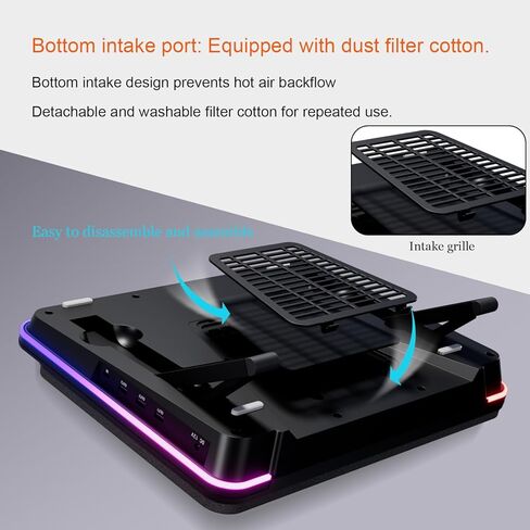 لوحة تبريد للكمبيوتر المحمول GT600 RGB مزودة بمروحة توربو عملاقة (قطر 5.5 بوصة)، رغوة محكمة الغلق للتبريد السريع للكمبيوتر المحمول للألعاب، مبرد كمبيوتر محمول مقاس 14.1-19.3 بوصة مع محور USB ثلاثي المنافذ، وفلتر غبار in Saudi Arabia