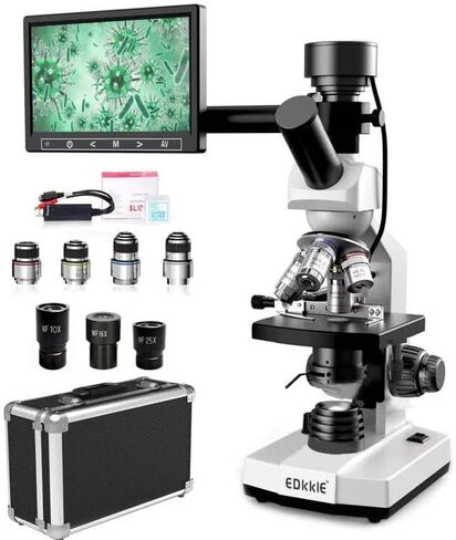 مجهر مطور للبالغين، تكبير 40X-2500X، مجهر مركب ثنائي الرؤية للطلاب الأطفال، كاميرا مدمجة بدقة 5 ميجابكسل مع شاشة LCD معلقة مقاس 7 بوصات، مسرح ميكانيكي مزدوج الطبقة in Kuwait