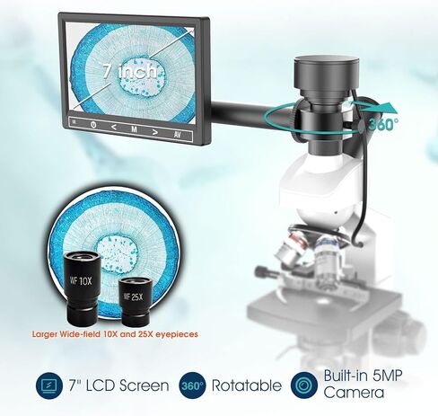 مجهر مطور للبالغين، تكبير 40X-2500X، مجهر مركب ثنائي الرؤية للطلاب الأطفال، كاميرا مدمجة بدقة 5 ميجابكسل مع شاشة LCD معلقة مقاس 7 بوصات، مسرح ميكانيكي مزدوج الطبقة in Kuwait