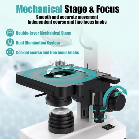 مجهر مطور للبالغين، تكبير 40X-2500X، مجهر مركب ثنائي الرؤية للطلاب الأطفال، كاميرا مدمجة بدقة 5 ميجابكسل مع شاشة LCD معلقة مقاس 7 بوصات، مسرح ميكانيكي مزدوج الطبقة in Kuwait