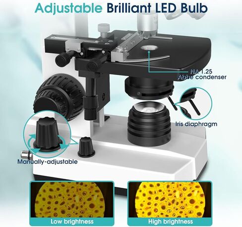 مجهر مطور للبالغين، تكبير 40X-2500X، مجهر مركب ثنائي الرؤية للطلاب الأطفال، كاميرا مدمجة بدقة 5 ميجابكسل مع شاشة LCD معلقة مقاس 7 بوصات، مسرح ميكانيكي مزدوج الطبقة in Kuwait
