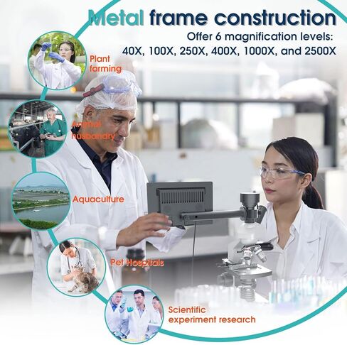 مجهر مطور للبالغين، تكبير 40X-2500X، مجهر مركب ثنائي الرؤية للطلاب الأطفال، كاميرا مدمجة بدقة 5 ميجابكسل مع شاشة LCD معلقة مقاس 7 بوصات، مسرح ميكانيكي مزدوج الطبقة in Kuwait