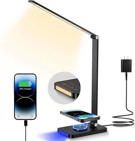 LED Desk Lamp with Wireless Charger, USB Charging Port，Desk Lamps for Home Office，Touch Control，Dimmable Table Lamp，4 Color Night Light,Work, Study, Reading, Office Desk Lamp，Black in Saudi Arabia
