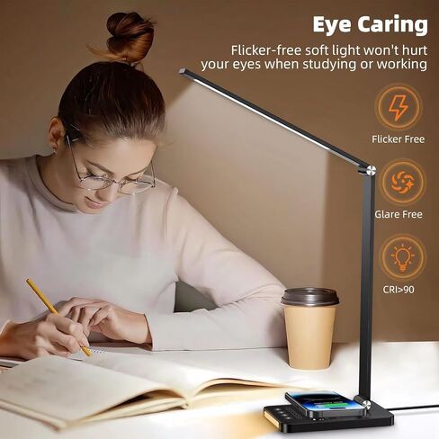 LED Desk Lamp with Wireless Charger, USB Charging Port，Desk Lamps for Home Office，Touch Control，Dimmable Table Lamp，4 Color Night Light,Work, Study, Reading, Office Desk Lamp，Black in Saudi Arabia
