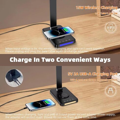 LED Desk Lamp with Wireless Charger, USB Charging Port，Desk Lamps for Home Office，Touch Control，Dimmable Table Lamp，4 Color Night Light,Work, Study, Reading, Office Desk Lamp，Black in Saudi Arabia