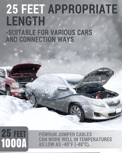 كابلات Powrun P025 لبطارية السيارة 12/24 فولت، وكابلات معززة شديدة التحمل 1000 أمبير مع حقيبة حمل، ومجموعة كابلات توصيل للمركبات التي تحتوي على ما يصل إلى 8.0 لتر من الغاز ومحركات الديزل 6.0 لتر in Saudi Arabia