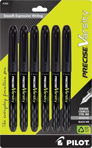 PILOT, Precise Varsity Pre-Filled Fountain Pens, Medium Point 1 mm Stainless Steel Nib, Black, 6-Pack in Saudi Arabia