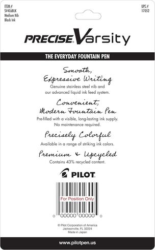 PILOT, Precise Varsity Pre-Filled Fountain Pens, Medium Point 1 mm Stainless Steel Nib, Black, 6-Pack in Saudi Arabia