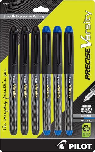 PILOT, Precise Varsity Pre-Filled Fountain Pens, Medium Point 1 mm Stainless Steel Nib, Black, 6-Pack in Saudi Arabia