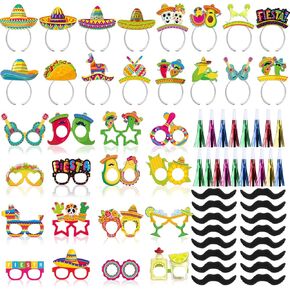 Blosssound 66 PCS Fiesta Party Party Forms Cinco de Mayo تشمل Taco Sombrero Piñata Headballs Margarita Cactus Eyeglasses Makers Black Suckes for Mexican Party Supplies