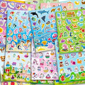643pcs ملصقات للأطفال ، 18 ورقة غير متكررة ملصقات مختلطة للأطفال مع الحيوانات اللطيفة ، وحيد القرن ، حورية البحر ، الأميرة ، الديناصورات ، الفضاء ، الكلاب ، القطط للحفلات الحرفية تفضل الأعمار 2-8