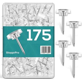 175 PCS صافح إبهام واضحة مع صندوق قابل لإعادة الاستخدام - دبابيس دفع للوحة النشرة والملصقات والملصقات والصور وزينة الجدران المعلقة - رأس مسطح بلاستيكي شاق ودائم مع نقطة فولاذية