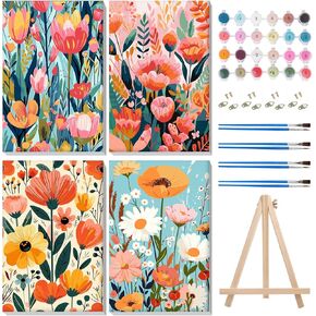 MISCER 4 Pack Paint by Numbers for Adults Beginner,Flowers Paint by Number Kits with Easel, DIY Acrylic Oil Painting Suitable for Home Decoration (8 * 12 Inch)