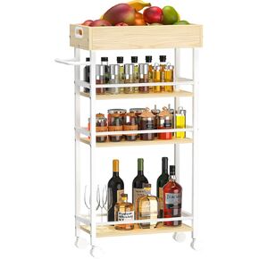 Slim Storage Cart, 4 Tier Rolling Cart with Handle, Rolling Carts with Wheels, Metal Frame Narrow Cart for Small Spaces for Kitchen, Dining Room, Bathroom, Laundry Room, Office