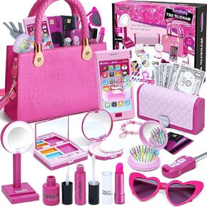 Golray Kids Purse Pretend Play Toys for Girls 3 4 5 6+ Year Old Princess Gift My First Purse with Sound Phone, Fake Makeup Kit, Light up Mirror, Wallet, Birthday Gift for Little Girl Toddler Toy
