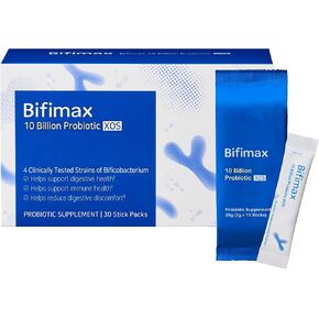 BIFIMAX 10 مليار Probiotic XOS-مكملات متشابكة متميزة مع بكتيريا Bifidus و XOS المشتقة من الإنسان ، تقنية SYN-SYN-MAX المتقدمة لصحة الأمعاء (2.1 أوقية ، 30 عصا)