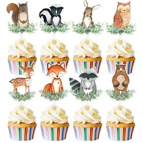 TTDQ 48PCS Woodland Cupcake Topper Animal Cupcake Toppers ، Woodland موضوع زخارف دش الطفل المخلوقات غابة دش الطفل