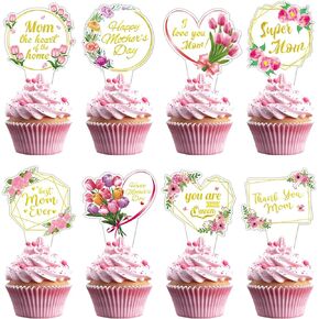 24 Pcs Mothers Day Decorations Cupcake Toppers, Happy Mothers Day Topper for Cupcakes Decorations, Mom Cake Topper Gold, Thank You Mom Best Mom Ever Floral Cake Toppers