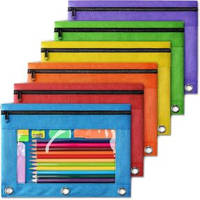 6 Pack Pencil Pouch for 3 Ring Binder, Pencil Pouches with Zipper & Clear Window - 6 Assorted Color, Pencil Case Bulk for 3-Holes Binder, Multi-Purpose Storage Bag for Office, School Supplies
