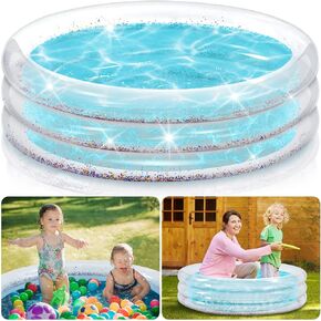 1 PCS Glitter Kid Swimming Pool Round 3 Rings Small Sharpharent Blow Up Pool with Cushioned Bottom for Backyard Garden Easy Vluate Baby Ball (Silver)