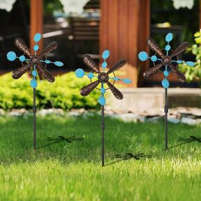 3 Pack Wind Spinners with Metal Stake, 16.3 Inches Yard Garden Sculptures for Outdoor Spring Decoration Lawn Patio Wind Catcher Windmill (Blue Flower)