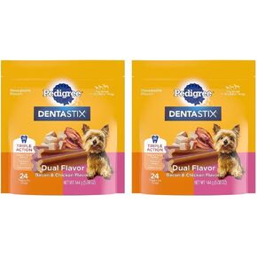 Pedigree DENTASTIX Dual Flavor Small Dog Dental Treats, Bacon & Chicken Flavors Dental Bones, 5.08 oz. Pack (24 Treats) (Pack of 2)