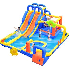 Inflatable Water 3 Slides Park with Blower, Inflatable Bounce House with Climbing Wall, Water Cannon, Dartboard, Flower Sprayer and Deep Pool