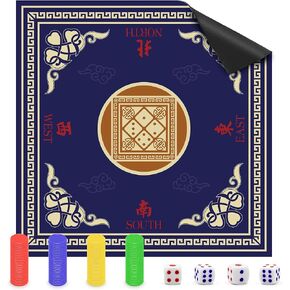 حصيرة Mahjong مع 4 أجزاء من الزهر ، 100 PCS رقائق ، مضادة للانزلاق والضوضاء الحد من Mahjong Table Mat للبوكر ، البطاقة ، اللوحة ، ألعاب البلاط ، Mahjong Table Mat ، Blue 31.5 Inch