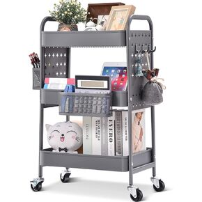 TOOLF 3-Tier Rolling Cart, Metal Utility Storage Cart with DIY Pegboards, Art Craft Trolley with Baskets Hooks, Serving Organizer Easy Assemble for Office, Home, Kitchen, Classroom (White)