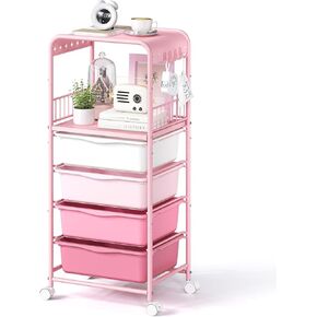 Rolling Cart with Drawers, Pink Storage Cart with 4 Plastic Drawer Storage,Easy Movement Art Craft Organizer for Home, Office, Classroom, Pink