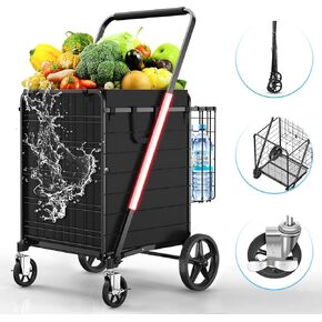 Jumbo Folding Shopping Cart with Swivel Wheels & Brakes - 480lbs Foldable Rolling Grocery Cart with Double Basket & Waterproof Liner, Portable Heavy Duty Utility Carts for Laundry