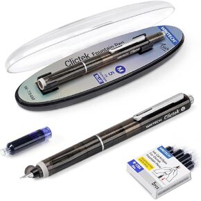 WRITECH Clictek Fountain Pen Set: Retractable Style Blue Ink Medium Nib Transparent Barrel, Includes 5 Ink Cartridges for Gift Set, Smooth Writing No Leaking