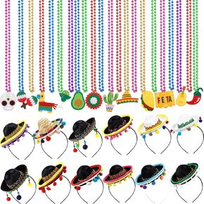 30 Pcs Cinco De Mayo Fiesta Party Favors Include 12 Mexican Sombreros Hats Headbands and 18 Cinco De Mayo Fiesta Necklaces for Mexican Cinco de Mayo Party Decorations Luau Fiesta Party Photo Props