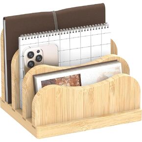 SUPEASY Bamboo Mail Organizer Countertop, Desktop Mail Sorter with 3-Slot, File Mail Holder for Desk, Envelope Organizer Bill Holder for Home Office, Curved