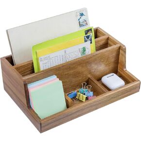 MyGift Premium Acacia Wood Mail Sorter and Stationary Tray, Tabletop Letter Holder, Office Supply Storage